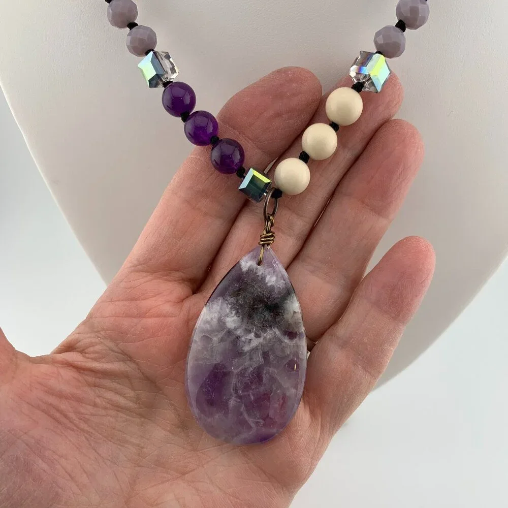 Amethyst Stone Teardrop Stone & Glass Beads Long Necklace Boho J890 - Picture 5 of 10
